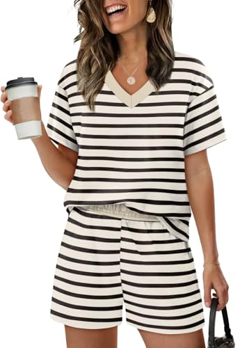XIEERDUO Two Piece Sets for Women Lounge Sets Shorts Summer Loungewear Vacation Outfits Women's Clothing Fashion Lounge Set Black Sripe L