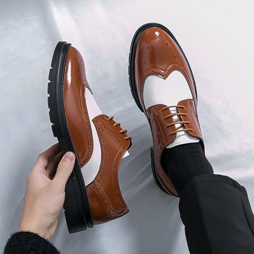Men's Patchwork Two Tone Brogue Oxfords Shoes Classic Round-Toe Carving Lace Up Wingtip Comfort Low Heel Business Dress Derby Shoes for Casual Wedding Party Dance Dinner3