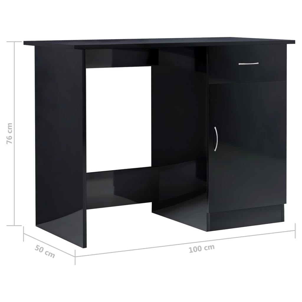 Schreibtisch Hochglanz-Schwarz aus Holzwerkstoff 100 x 50 x 76 cm mit Schublade und Tür, Computer Arbeit Laptop PC Tisch für Büro Homeoffice, Lernen Zocken Stauraum