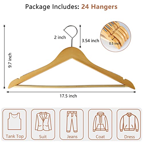 Dedu Wooden Hangers With Shoulder Grooves 24 Pack, Wooden Coat Hangers For Closet Heavy Duty With Non Slip Strip, Suit Hangers With Pant Bar 360° Swivel Hook For Shirt, Weeding Dress, Pants (Natural) #TOP1