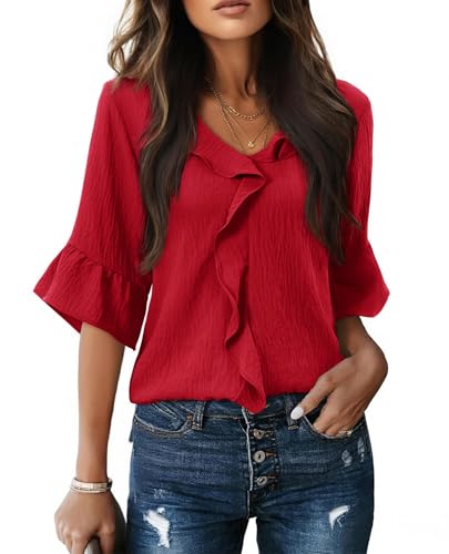 siliteelon Red Blouses for Women Dressy Casual 3/4 Sleeve Ruffle Bell Top Business Work Shirt Date Night Trendy Spring 2026 Red L