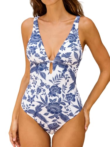 Image of CUPSHE Women's One Piece Swimsuit Deep V Neck Keyhole Cutout O Ring Textured Bathing Suit