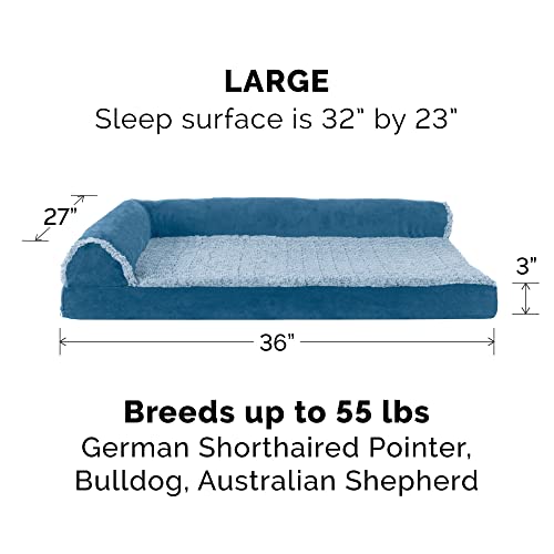 Image of Furhaven Orthopedic Dog Bed for Large /Medium Dogs w / Removable Bolsters & Washable Cover, For Dogs Up to 55 lbs - Two-Tone Plush Faux Fur & Suede L Shaped Chaise - Marine Blue, Large