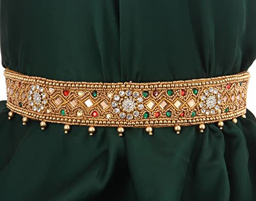 THANU'S CRAFT South Indian Traditional Gold Multicolor Stone Fabric Embroidery Cloth Maggam Work Saree Waist Belt Stretchable Kamarpatta Kamarbandhani Kardhani For Women (Vaddanam Belt For Saree)3