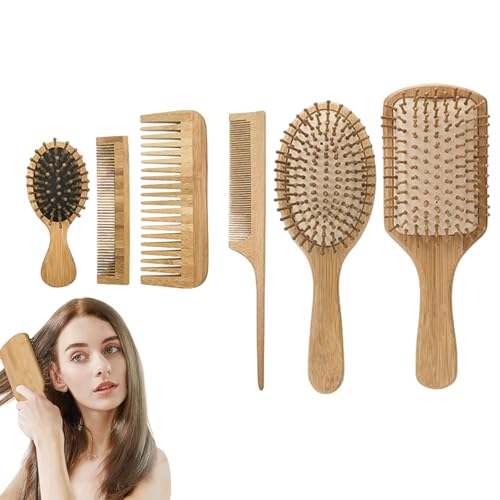 木製ヘアブラシ、理髪コームセット - マッサージコーム帯電防止ヘアブラシ,6 個のエアクッションコームケア、帯電防止もつれほぐしブラシ木製セット木製女性男性マダムレディ