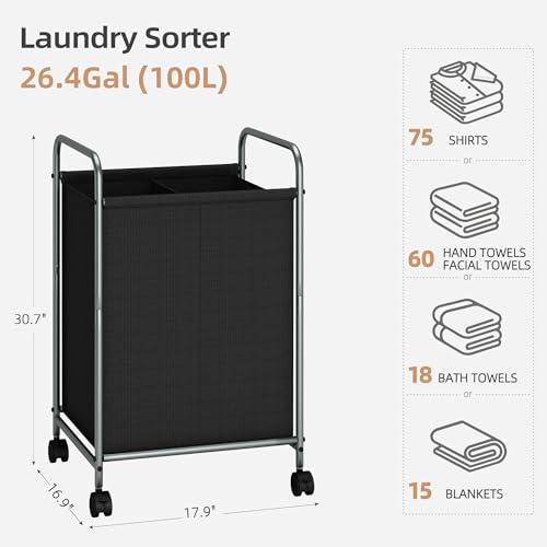 STORAGE-MANIAC-Laundry-Hamper-100L-Laundry-Basket-with-Lockable-Wheels-Rolling-Laundry-Sorter-Cart-Laundry-Separator-Hamper-Dirty-Clothes-Laundry-Divider-Hamper-2-Section-Black