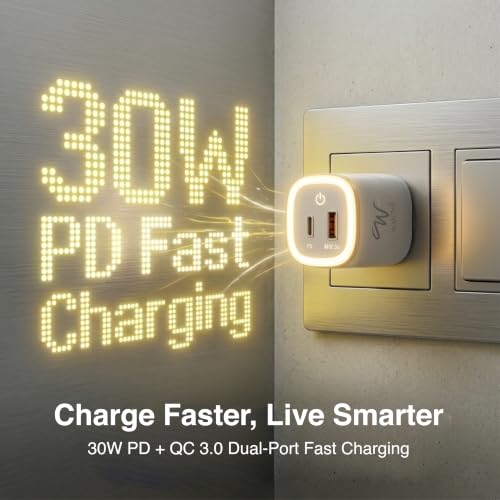Image of 30W Fast Charger | USB C PD Wall Adapter + QC 3.0 USB A | Adjustable Night Light with Dual Port Charging | Compatible with iPhone 17,16 /15 /14 /13,Samsung Galaxy S26 /S25 /S24 /S23,OnePlus, MI & Android