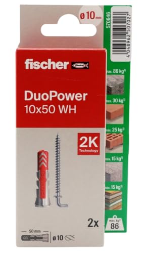 fischer - Duopower 10 x 50 avec douchette - 2U, chevilles murales multi-matériaux, pour accrocher des vélos, des cadres, des armoires, des supports de télévision, des étagères, des meubles.