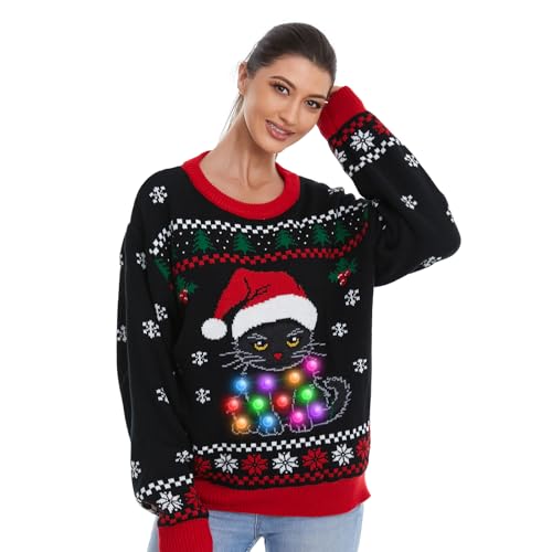 Black Cat Christmas Sweater, Light Up Ugly Christmas Sweater Women Men, Holiday Xmas Sweatshirt Tops Adult Teen, Medium by HSCTEK - Image 2