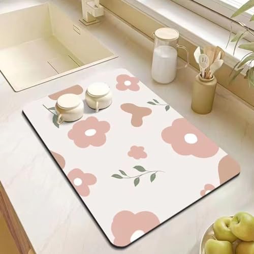Highdi Alfombrilla Escurreplatos, Alfombrilla Fregadero Cocina Estampado Floral, Súper Absorbente Alfombra Secado de Platos Tapete Antideslizante para Mostrador de Cocina (Flor rosa,30x40cm)