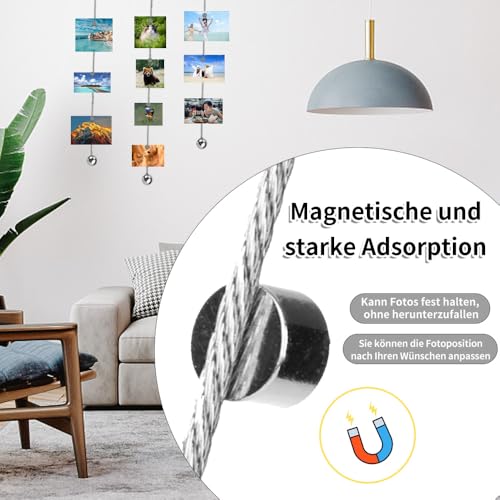 Fotodrahtseil, 5 Stück Fotodraht Mit Magneten, Fotoseil Fotodrahtseil, Edelstahl Draht Seil mit 60 Knopfmagnete, Fotokette Stahlseil mit Ösen und Haken Ideal zum Fotos 2 m X 1.5 mm
