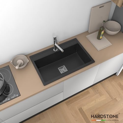Image of HARDSTONE Premium Quartz Kitchen Sink (30x20x9 Inch) | Matt Black Granite Single Bowl Sink | Top Mount | SS Square Waste Coupling & PVC Drain Pipe | Scratch, Heat & Stain Resistant | 10-Year Warranty