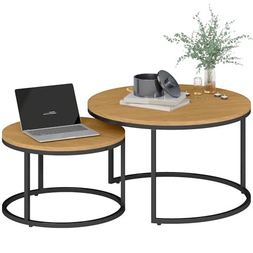 HOMCOM Lot de 2 Tables Basses gigognes, Table Basse Ronde, empilable, Design Industriel, Pieds en métal, Marron