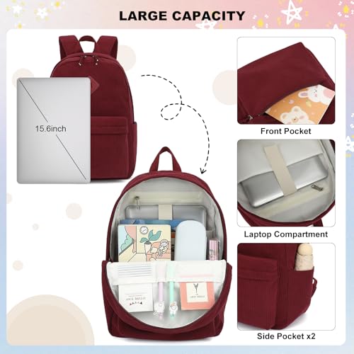 Corduroy Backpack for Girls, Kids Teens Elementary Middle High School Bags Women College Bookbags Travel Daypacks (Wine)3