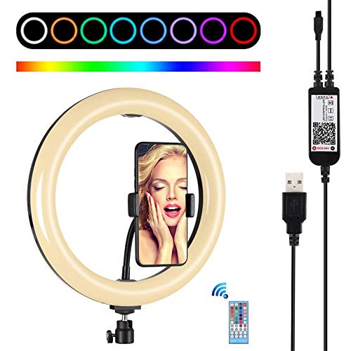 TEEKAR Luz de Anillo RGB Selfie con Soporte y Soporte para teléfono, 10.2 Pulgadas 26 Modos de luz Luz de Anillo LED con Control Remoto de la aplicación, luz de Flujo Regulable con alimentación USB