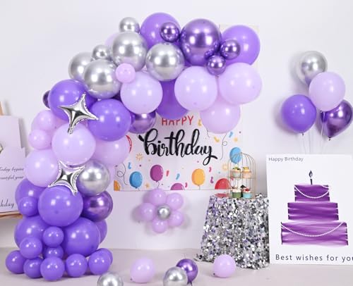 Image of Purple Silver Balloon Arch Kit, Lavender Lilac Balloon Garland for Birthday | Metallic Purple Silver Balloons with Four Star Foil Balloons for Girls Women Wedding Birthday Baby Shower Party Decorations