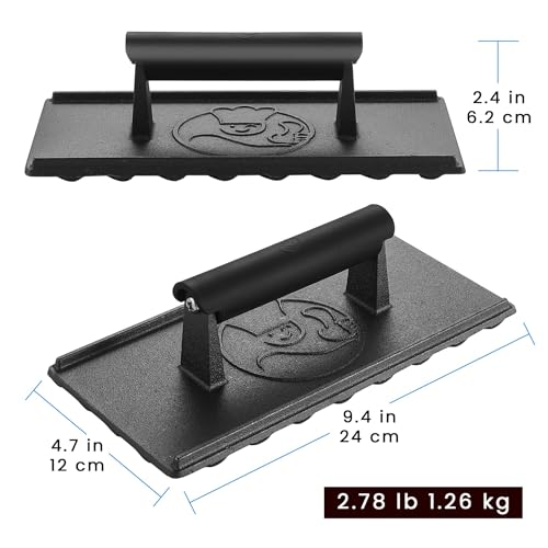 3lb Cast Iron Grill Press, Heavy Duty Smash Burger Press for Griddle Heat Resistant Handle, Burger Smasher, Hamburger Press, Grill Press for Griddle, Bacon Press Meat Press, BBQ Grill Accessories