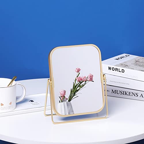 Espejo de maquillaje de mesa rectangular doble cara dorado miniatura 5