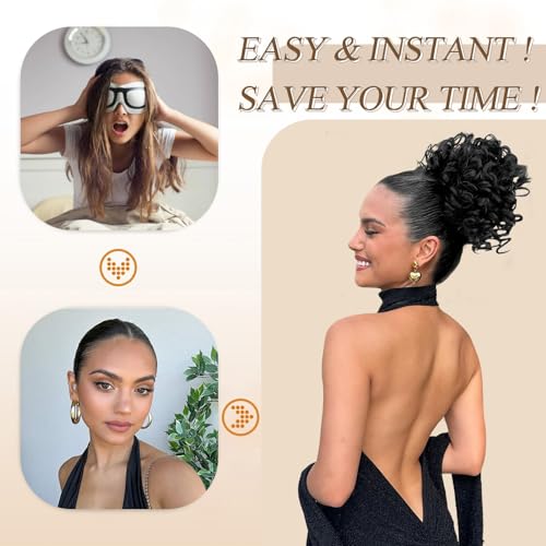 Messy Bun Hair Piece for Women Elastic Drawstring Short Curly Ponytail Extension High Temperature Synthetic Loose Wave Curly Hair Buns for Women Daily Party Use (Black) - Image 4