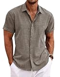 COOFANDY Men's Linen Shirt Short Sleeve Button Down Casual Shirt Beach Clothing Fashion Summer Tops Brown