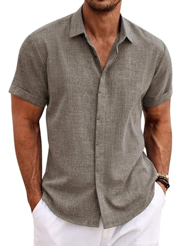 Image of COOFANDY Men's Linen Shirts Short Sleeve Casual Shirts Button Down Shirt for Men Beach Summer Wedding Shirt