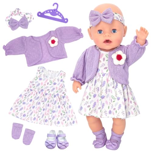 6 sztuk fioletowych ubrań dla lalek 35-43 cm, słodkie kwiaty, ubranka dla lalek o średnicy 14-17 cali, płaszcz, sukienka, opaska na czoło, buty, wieszak na ubrania, 43 cm, akcesoria dla lalek, prezent