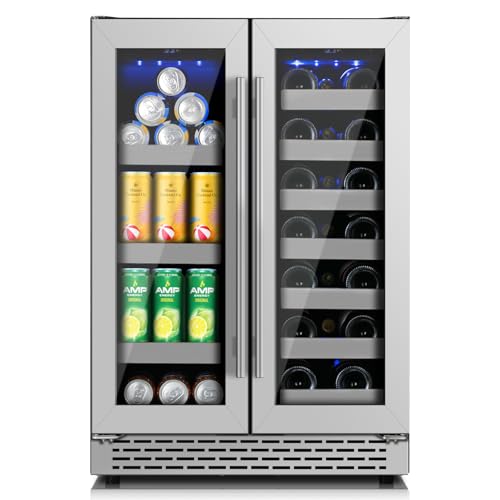 Image of 24 Inch Wine and Beverage Refrigerator, Dual Zone Wine Cooler Refrigerator- 20 Bottles & 88 Cans with Stainless Steel Racks, Under Counter /Freestanding Beverage Fridge for Drink /Beer /Wine