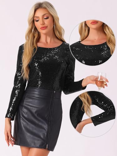 Allegra K Sequin Top for Women's Round Neck Long Sleeve Evening Party Sparkly Blouse Tops2