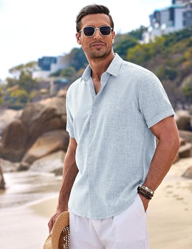 Image of COOFANDY Men's Linen Shirts Short Sleeve Casual Shirts Button Down Shirt for Men Beach Summer Wedding Shirt