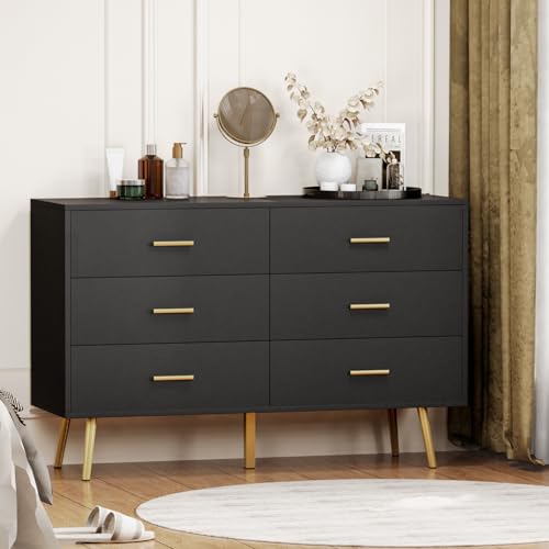 Image of MAISONPEX Dresser for Bedroom with 6 Drawers, Black Dresser with Golden Handles, Chest of Drawers,Modern Bedroom Furniture, Wood Dressers with Drawers for Closet Hallway, Living Room, Entryway