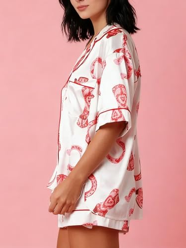 Image of Yiulangde Women's Easter Pajamas 2 Piece Sets Satin Short Sleeve Preppy Easter Eggs Bunny PJs Outfit Button Up Loungewear Set