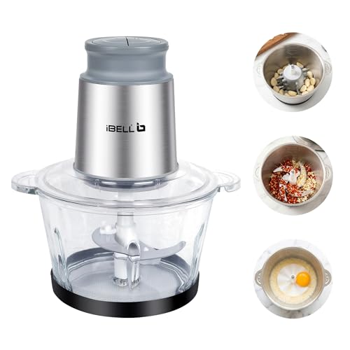 Image of IBELL MT200GPRO Electric Chopper with 2-Yr Warranty, 700W Powerful Motor, 2L Glass Bowl, Multipurpose for Meat, Vegetables, Fruits & Nuts, Includes Garlic Peeler & Egg Whisker (Silver)