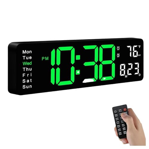 Image of 13 inch Plastic Digital Wall Clock - Large Green & White LED Display, Remote Control, Auto Brightness Dimmer, Date, Day & Temperature Display - Ideal for Living Room, Office, Gym, Shop