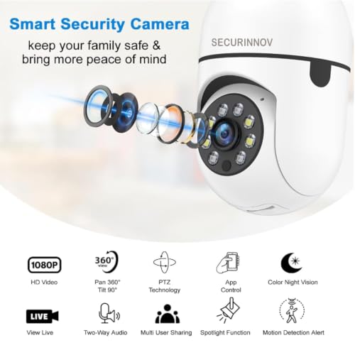 Image of securinnov 3MP WiFi Light Bulb Camera for Home Indoor | 360 View | Color Night Vision | Motion Detection | Two Way Audio | Wireless Home Security Camera with Mobile App V380 Pro (Light Camera)