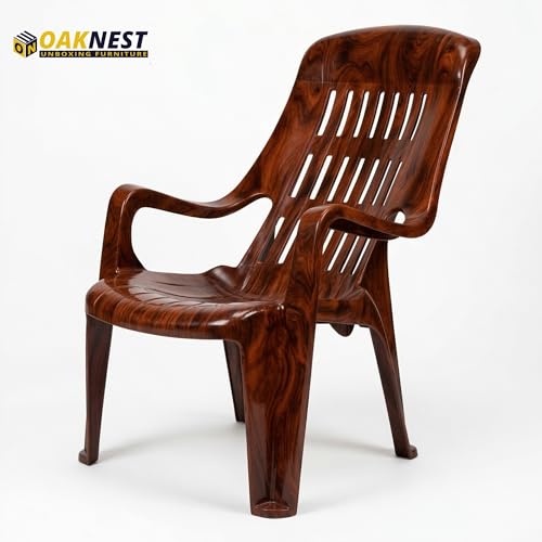 Image of Oaknest Unboxing Furniture Celloo Premium Plastic Relaxing Chair with Armrests | Ergonomic High-Back Lounge Seating for Home, Garden & Balcony (Rosewood), Count of 4