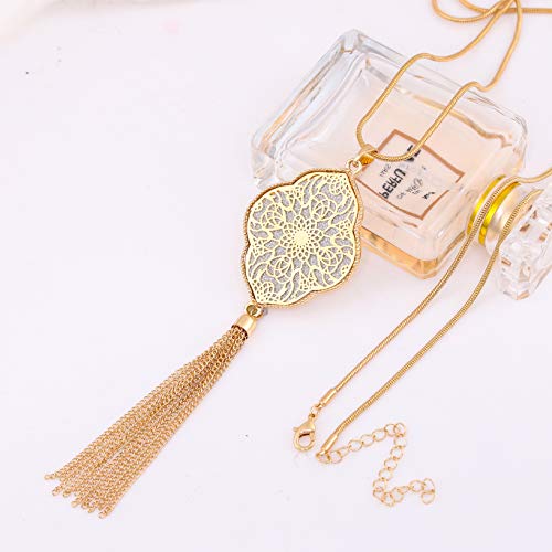 Moloch Long Necklaces For Woman Disk Circle Pendant Necklaces Tassel Fringe Y Necklace Set Statement Pendant (Quatrefoil-Shaped-Gold) #TOP3