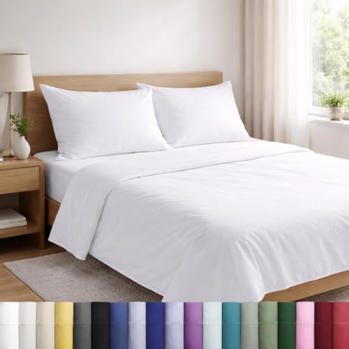 Mattress-Homes Queen Size Sheets 4 Piece, Hotel Luxury Bed Sheets, Soft Breathable Cooling Bedding Set, Deep Pocket Queen Sheets, Comfy Hotel Collection Bed Sheets Set White Solid