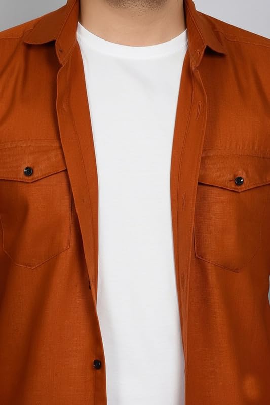 Image of DEELMO Men Solid Slim Fit Casual Overshirt Style Shirt | Full Sleeve Button-Down Layering Shirt Smart Casual Look