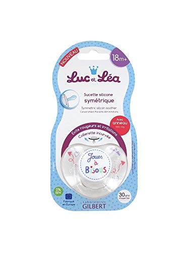 Luc et Léa Sucette Silicone Symétrique avec Anneau + 18 Mois - Joues à Bisous