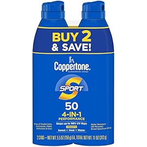 Coppertone Sport Sunscreen Spray SPF 50, Water Resistant Spray Sunscreen Pack, 5.5 Oz, Pack of 2 (Packaging May Vary)