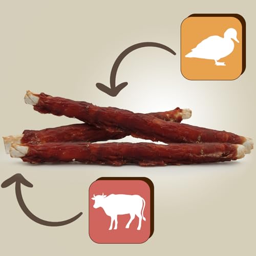 MERSJO Hundeleckerlis XXL Beefhide Kaustangen mit Entenbrust, 240g, 24-25 cm, für mittelgroße bis große Hunde