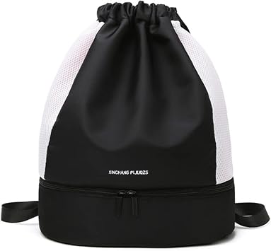 Women Drawstring Sport Gym Bag Outdoor Travel Backpack with Shoe Compartment-Black