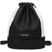 Women Drawstring Sport Gym Bag Outdoor Travel Backpack with Shoe Compartment-Black