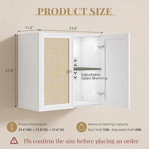 Image of Laundry Room Cabinets 24INCH Bathroom Cabinets Wall Mounted with Adjustable Shelves, Rattan Wall Cabinet for Bedroom, Kitchen, Bathroom, White