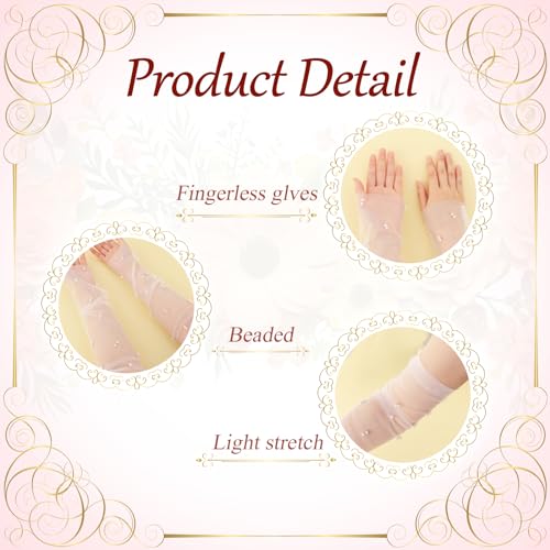 White Tulle Gloves - Wedding Pearl Long Bridal Sheer Sleeves Elbow Length Lace Fingerless Gloves for Christmas Brides Women Girls Costume Dance Party2