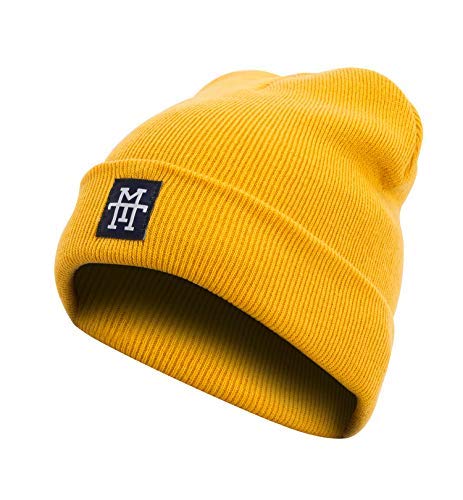 Rough Beanie Manufaktur13/M13 Bonnet tricoté avec cuir véritable et broderie - Jaune - Taille Unique