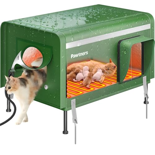 Pawtners Heated Outdoor Cat House for Outside Cats 26 XL Insulated Weatherproof Cat Shelter with Heated Pad Elevated Feet & Escape Door Warm Kitty House for Feral or Stray Cats in Winter