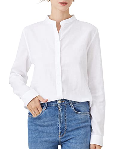 Women's Mandarin Collar Button-Down Shirts Casual Cotton Long Sleeve Blouses2