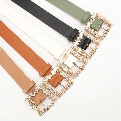 Women's Decorative Belt Belts For Woman Shiny Rhinestone Beautiful Square Wreath Metal Buckle Solid Color PU Belts2
