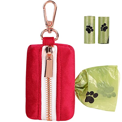 Image of ARING PET Dog Waste Bag Dispenser, Soft Doggy Poop Bags Holders Attach to Any Leashes, Velvet Portable Washable Red Pet Waste Pouch Dispenser with Metal Zipper